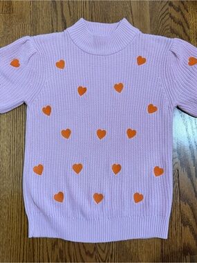 Karli Pink Embroidered Hearts Short Sleeve Sweater Size Small